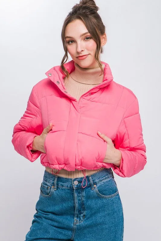 Pink Puffer Jacket with Zipper and Snap Closure