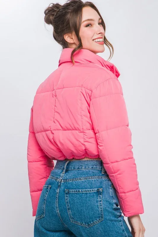 Pink Puffer Jacket with Zipper and Snap Closure