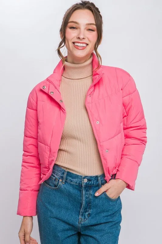 Pink Puffer Jacket with Zipper and Snap Closure