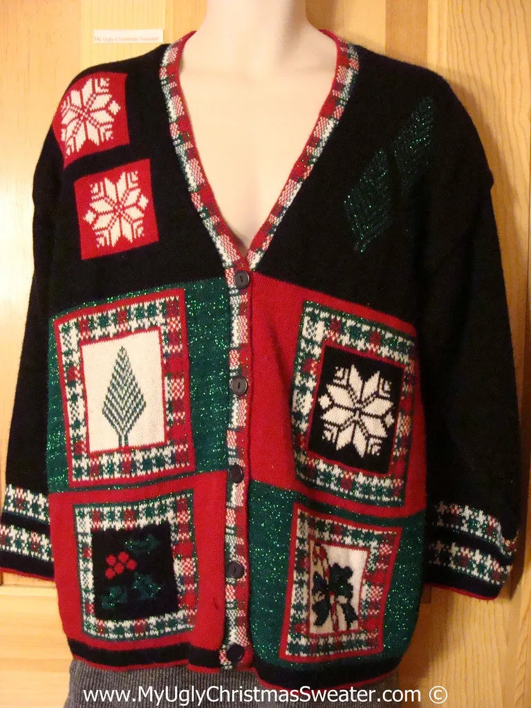 Plaid Themed Tacky Classic 80s  Cheesy Holiday Sweater Cardigan (f1162)