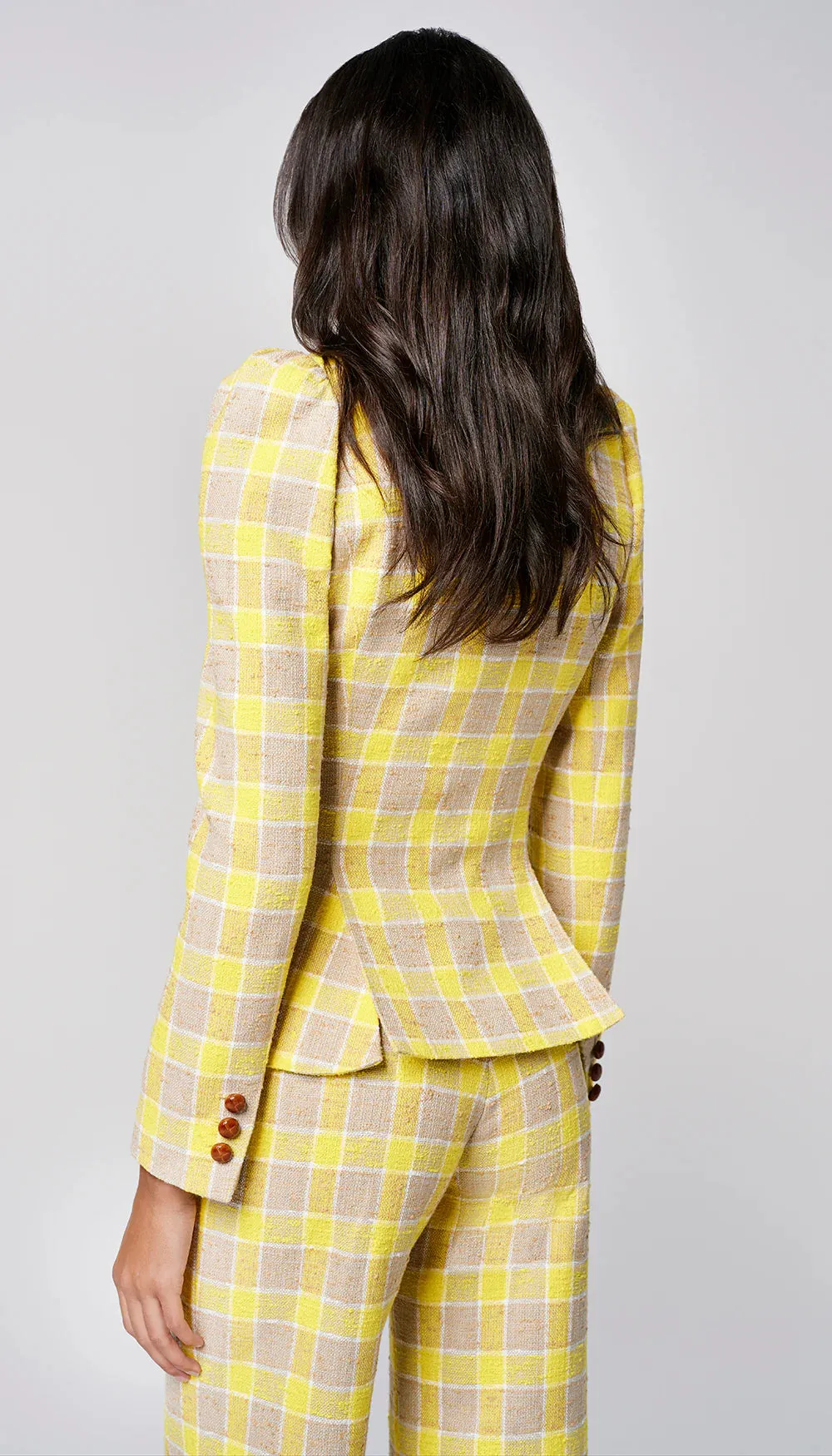 Pouf Sleeve One Button Blazer - Yellow Check