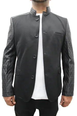 "Mahyar" Black Blazer With Leather Details On Shoulder And Sleeve