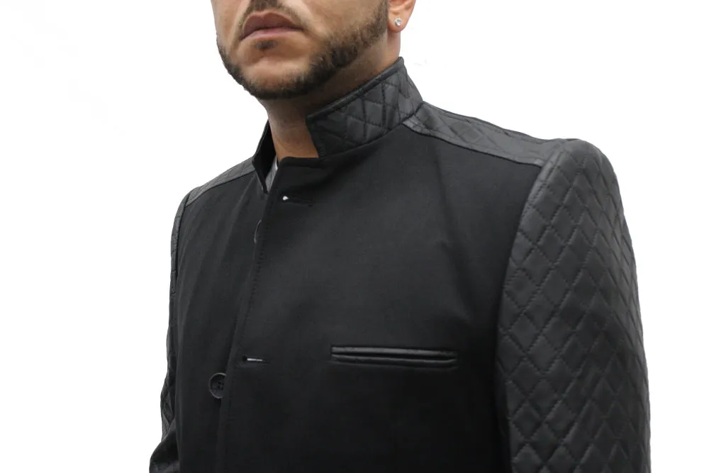 "Mahyar" Black Blazer With Leather Details On Shoulder And Sleeve