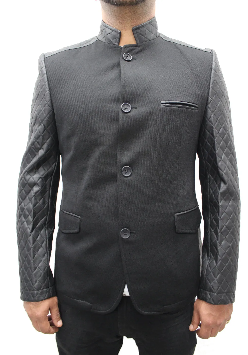 "Mahyar" Black Blazer With Leather Details On Shoulder And Sleeve