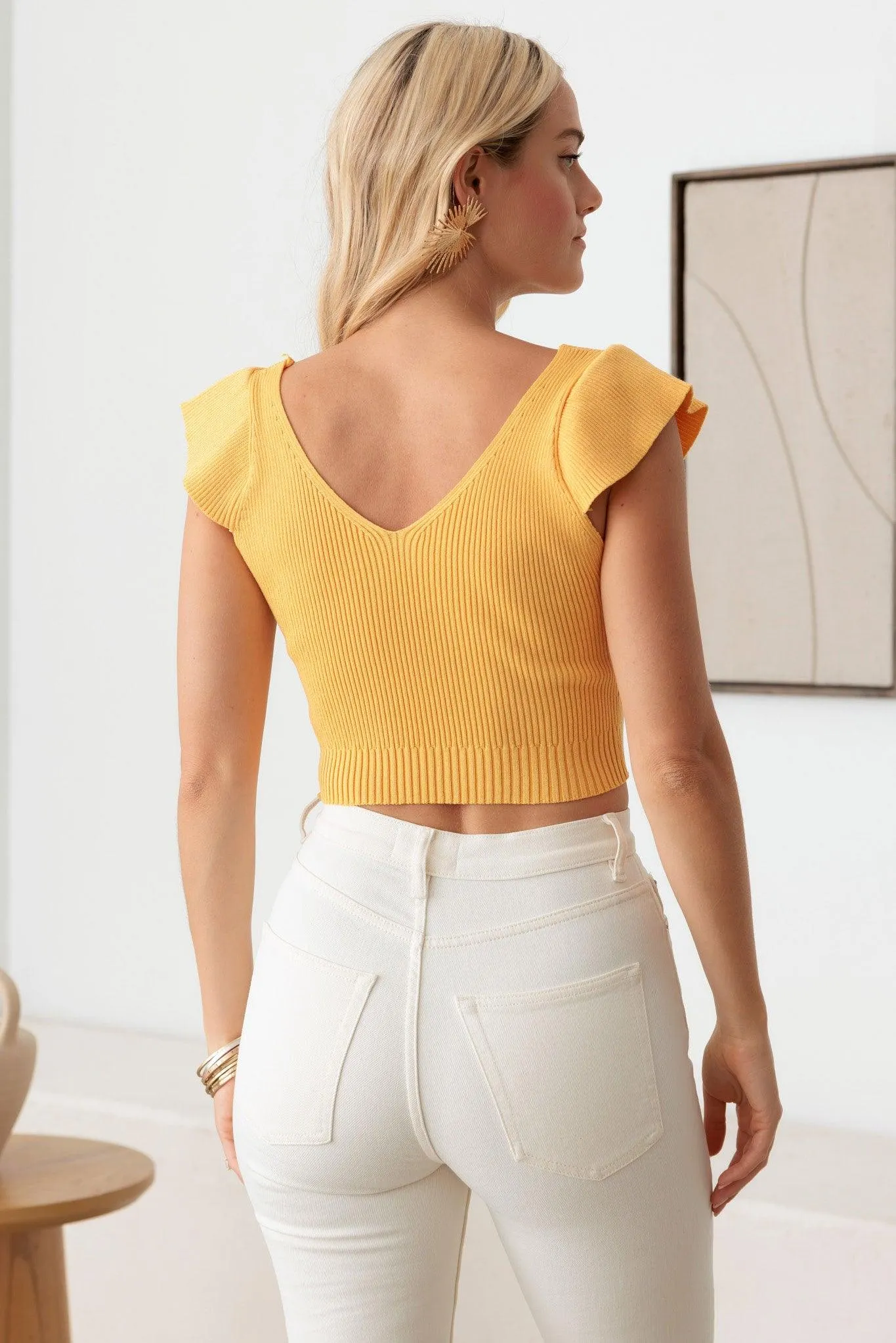 Ruffled Short Sleeve V-Neck Crop Sweater Top