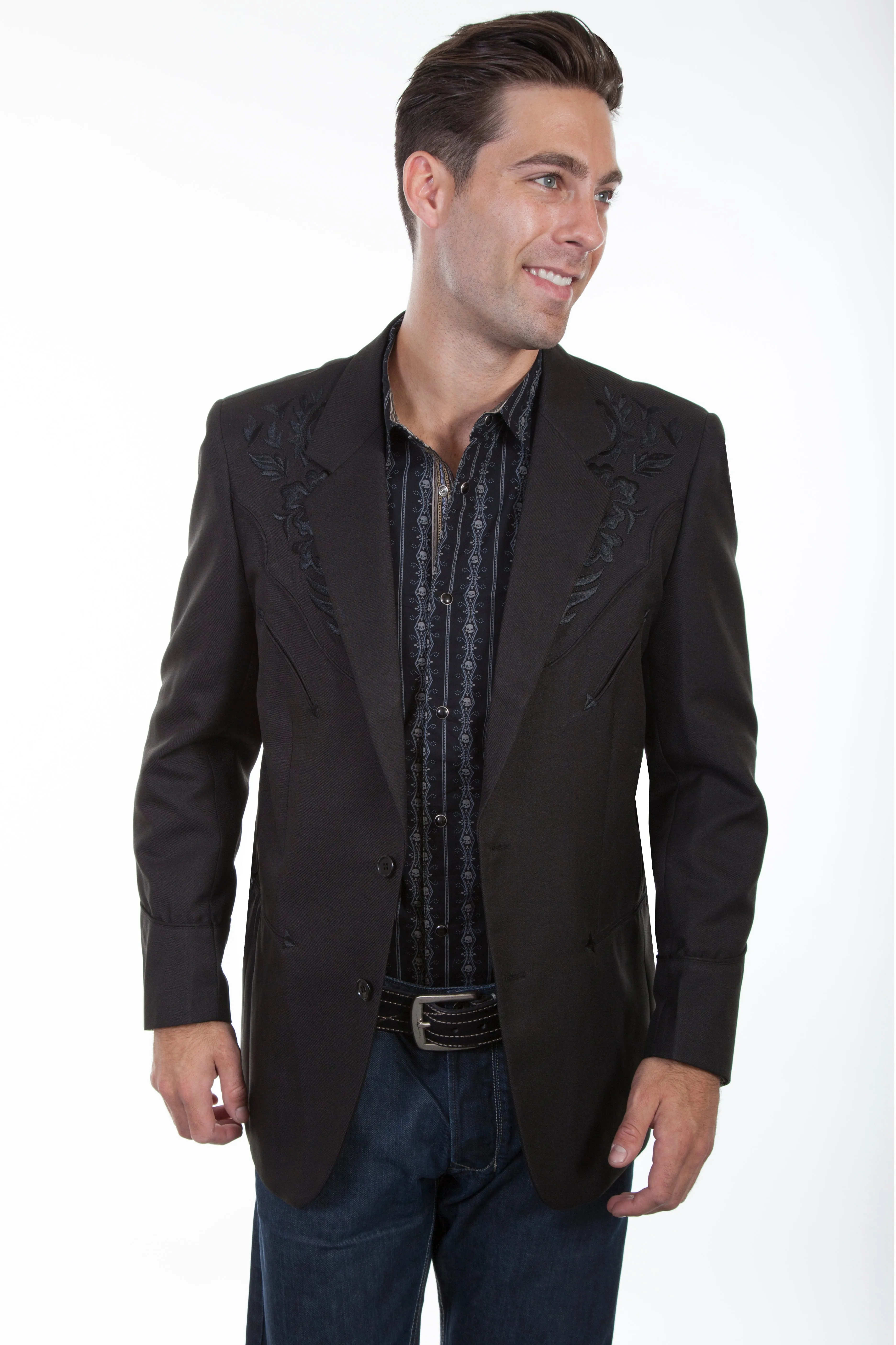 Scully Men's Black & Floral Tonal Embroidery Western Blazer P-733