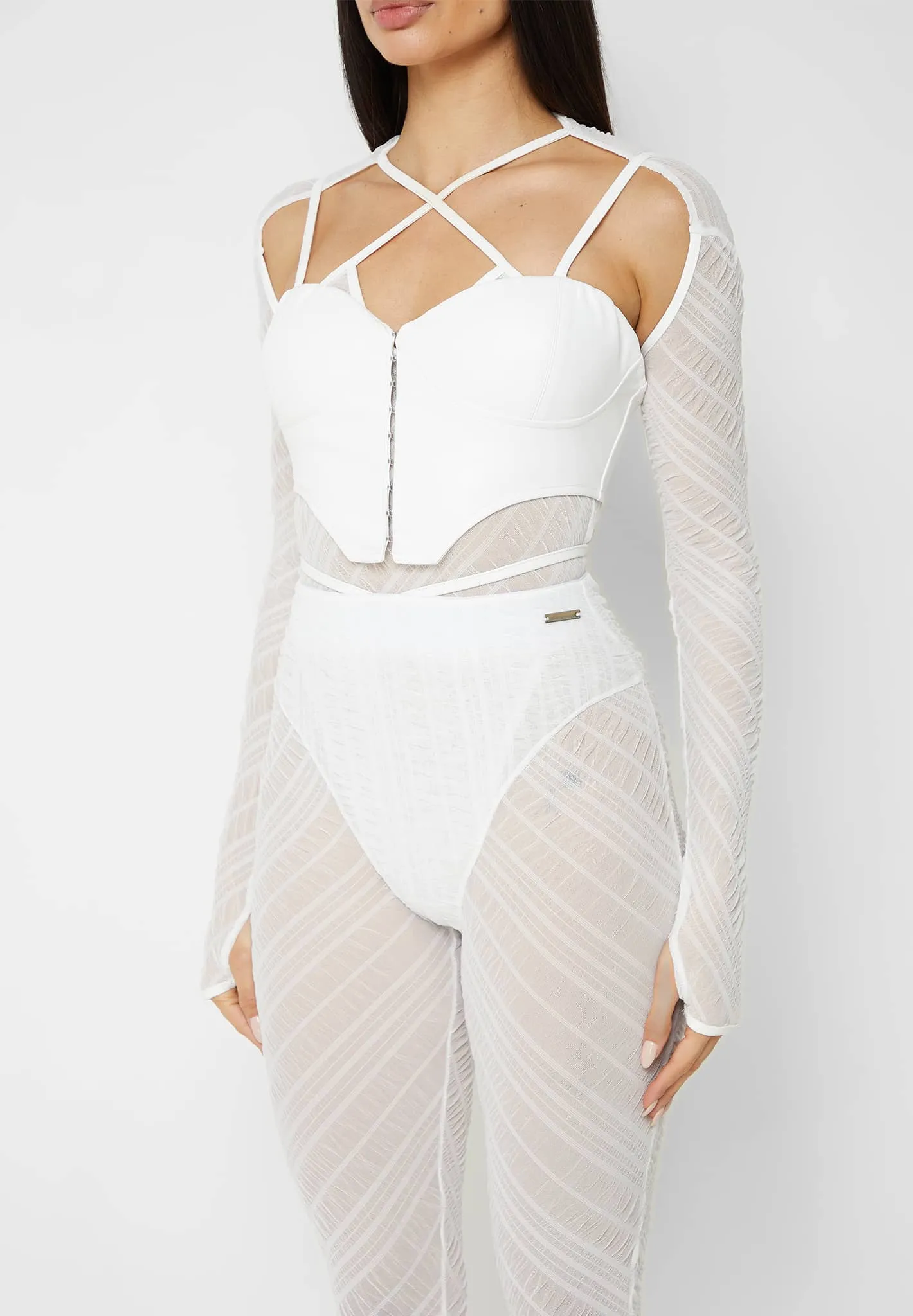 Sheer Bodysuit with Leather Corset - White