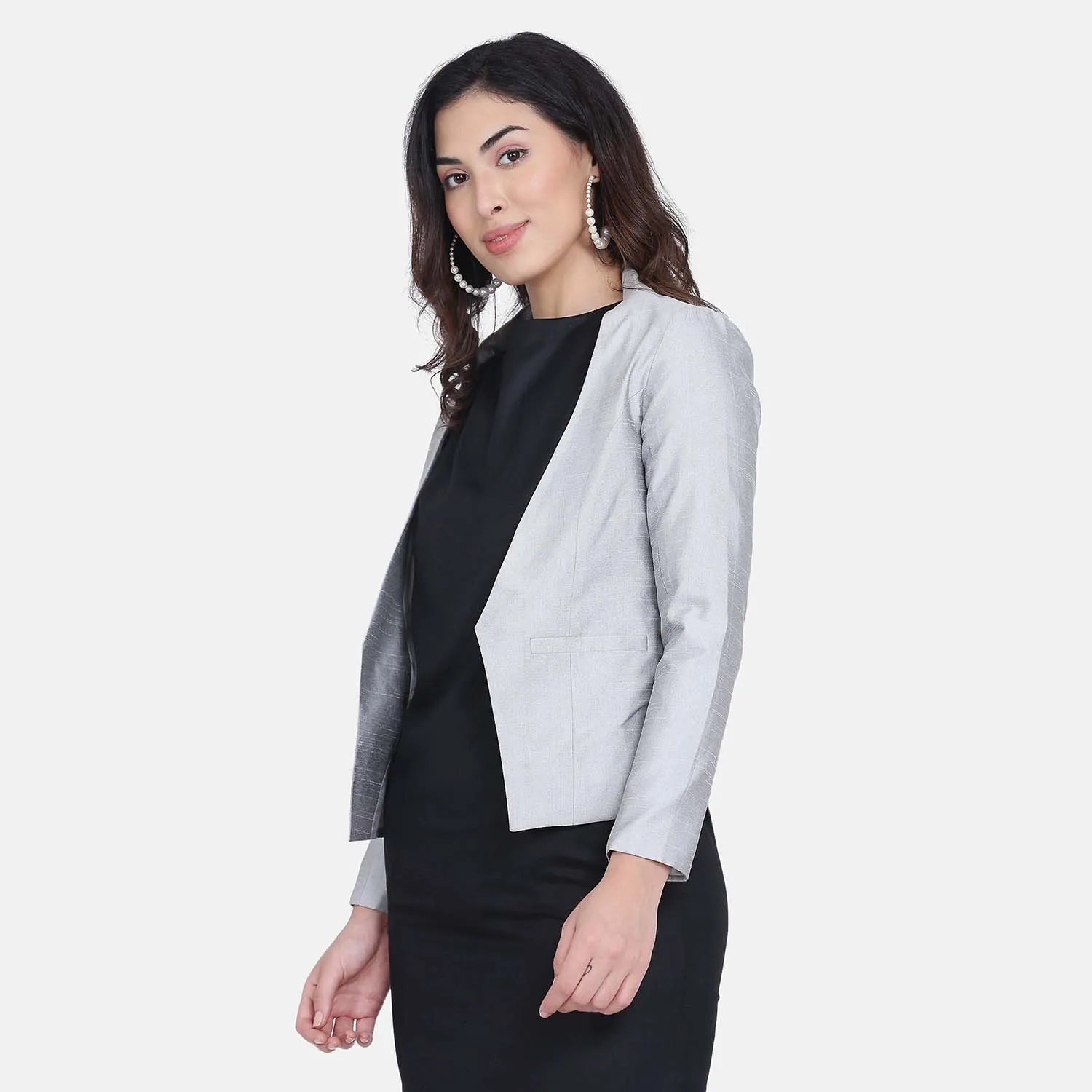 Silver Grey Full Sleeves Dupioni Open Front Jacket