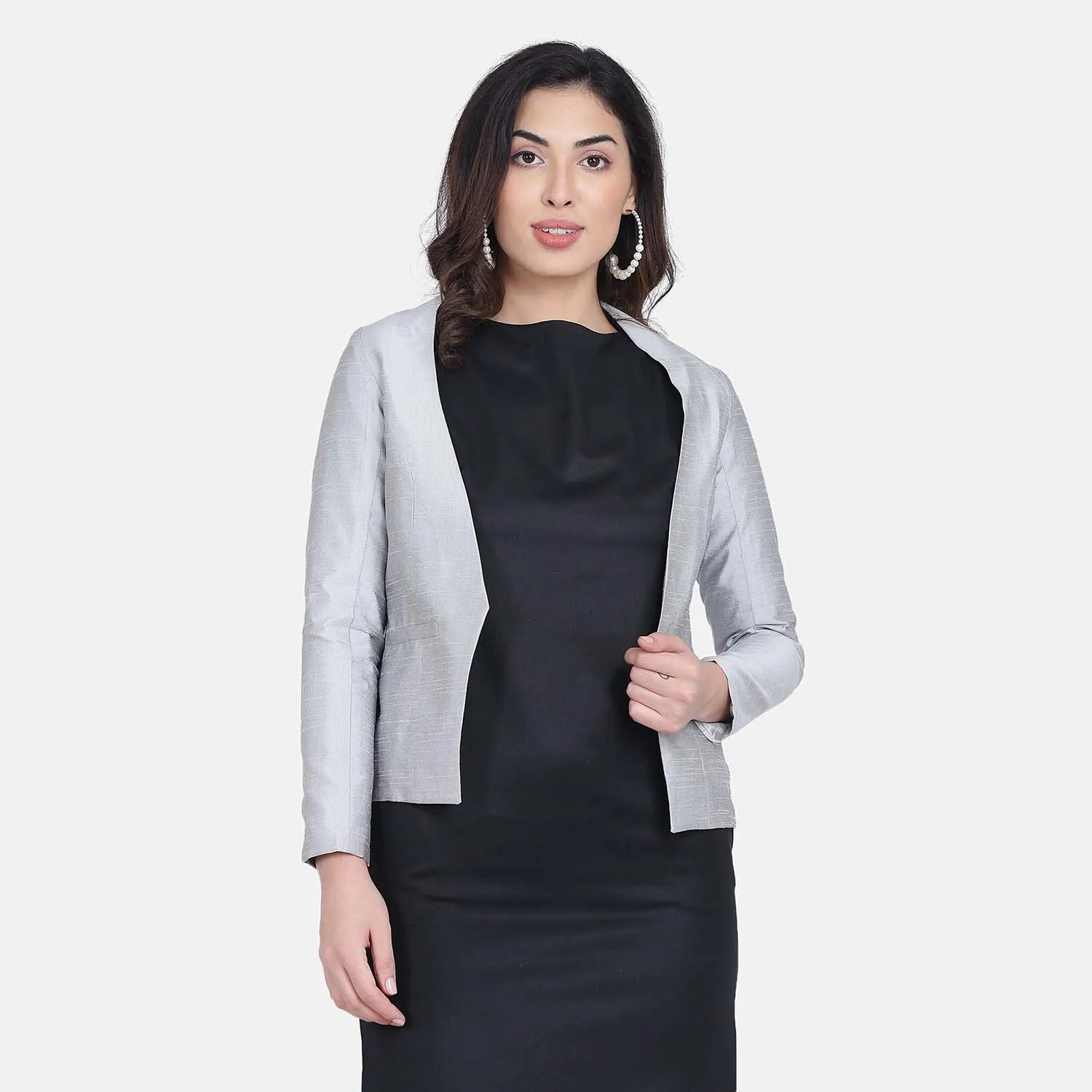 Silver Grey Full Sleeves Dupioni Open Front Jacket