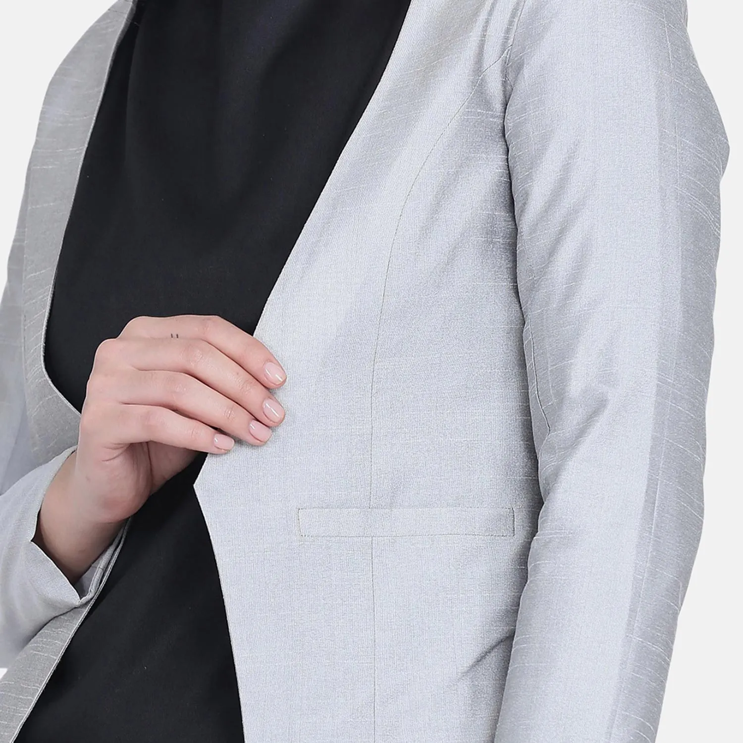 Silver Grey Full Sleeves Dupioni Open Front Jacket