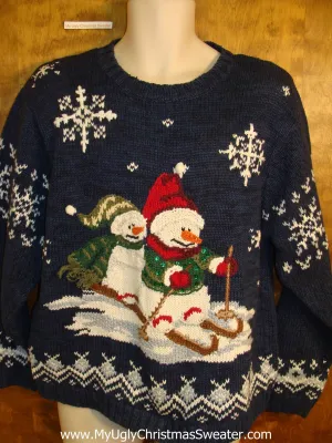 Skiing Snowmen 80s Novelty Funny Christmas Sweater