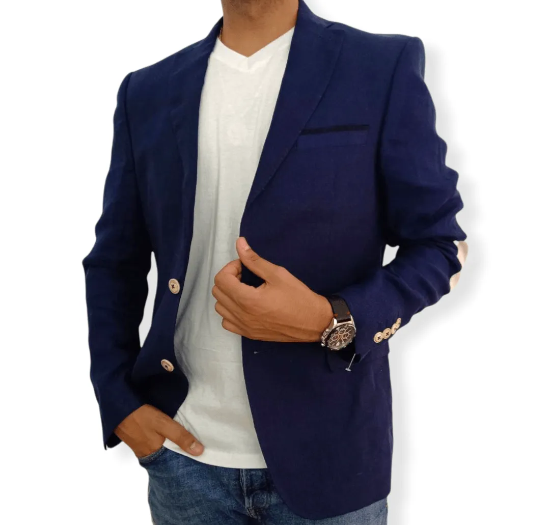 [slim-fit] Blazer كتان  - Zara - Dark Blue with Patch on elbow