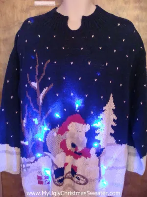 Snowshoeing Santa Ugly Christmas Sweater with Lights