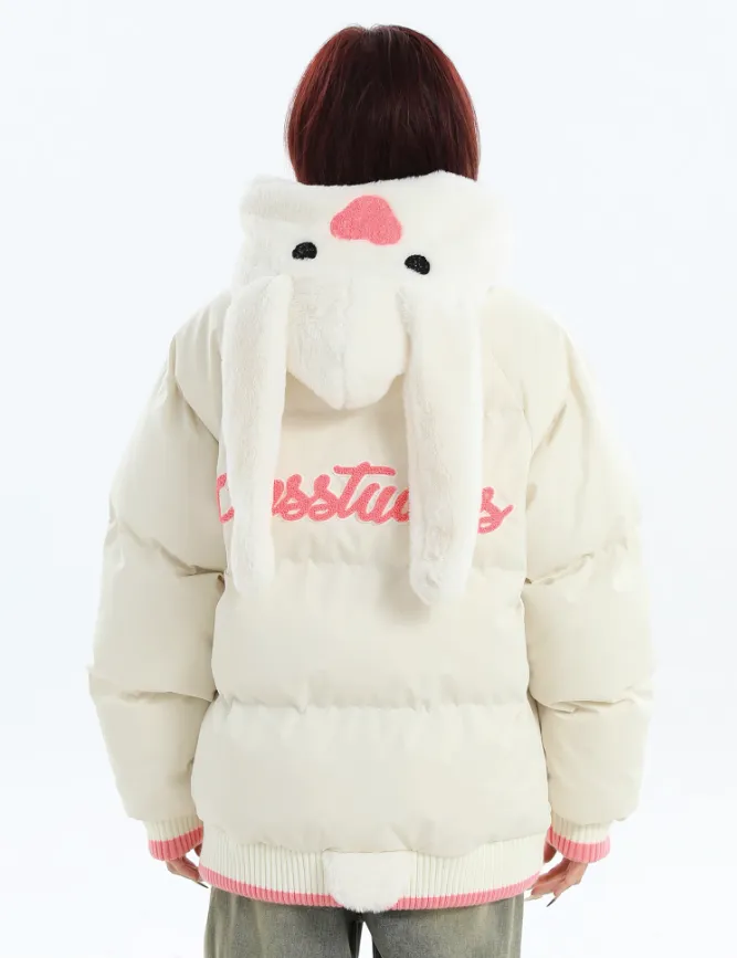 Spliced Rabbit/Bear Hooded Puffer Jacket