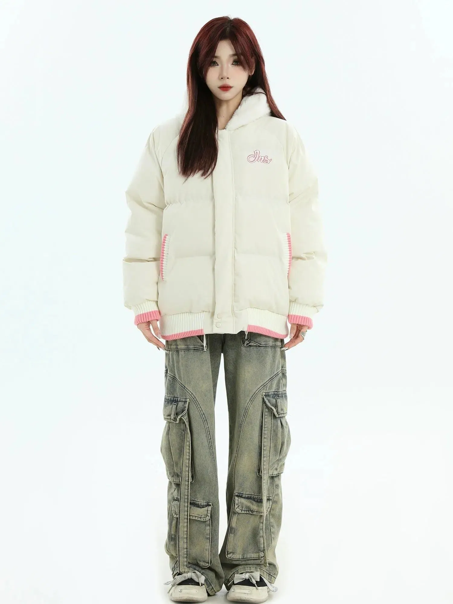 Spliced Rabbit/Bear Hooded Puffer Jacket