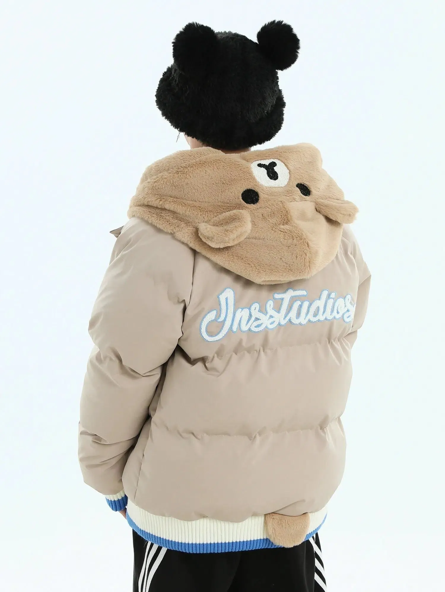 Spliced Rabbit/Bear Hooded Puffer Jacket