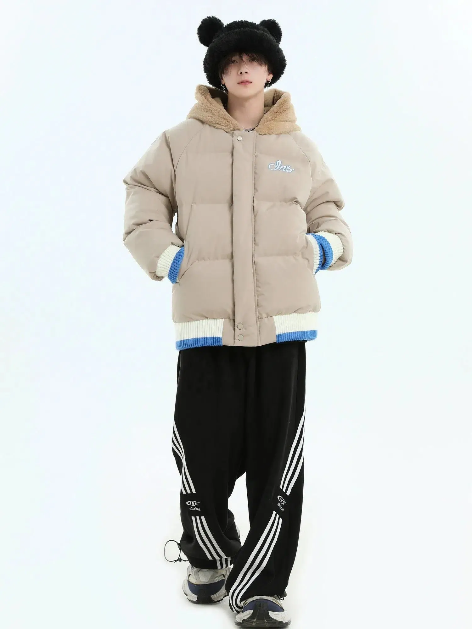 Spliced Rabbit/Bear Hooded Puffer Jacket