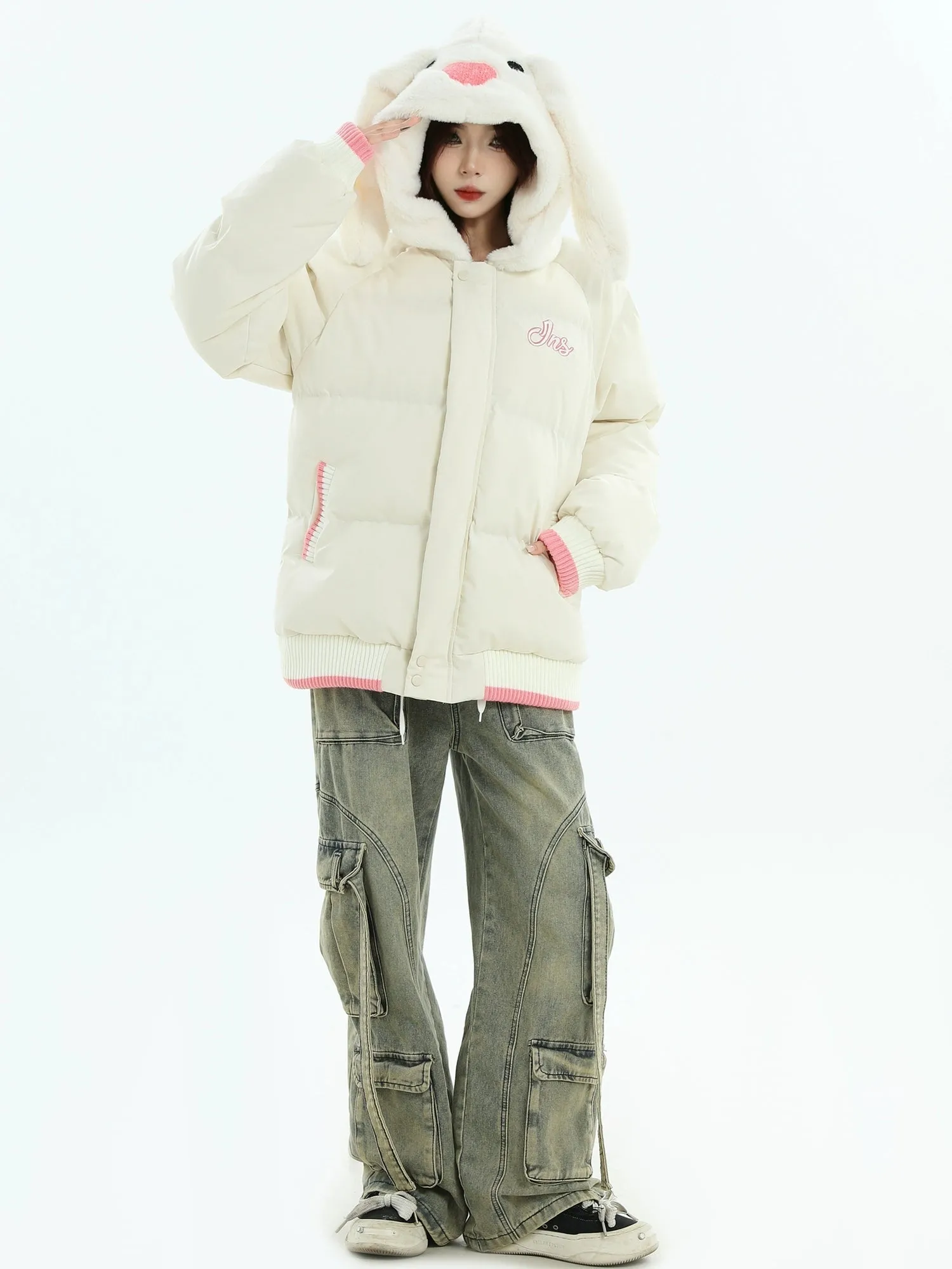 Spliced Rabbit/Bear Hooded Puffer Jacket