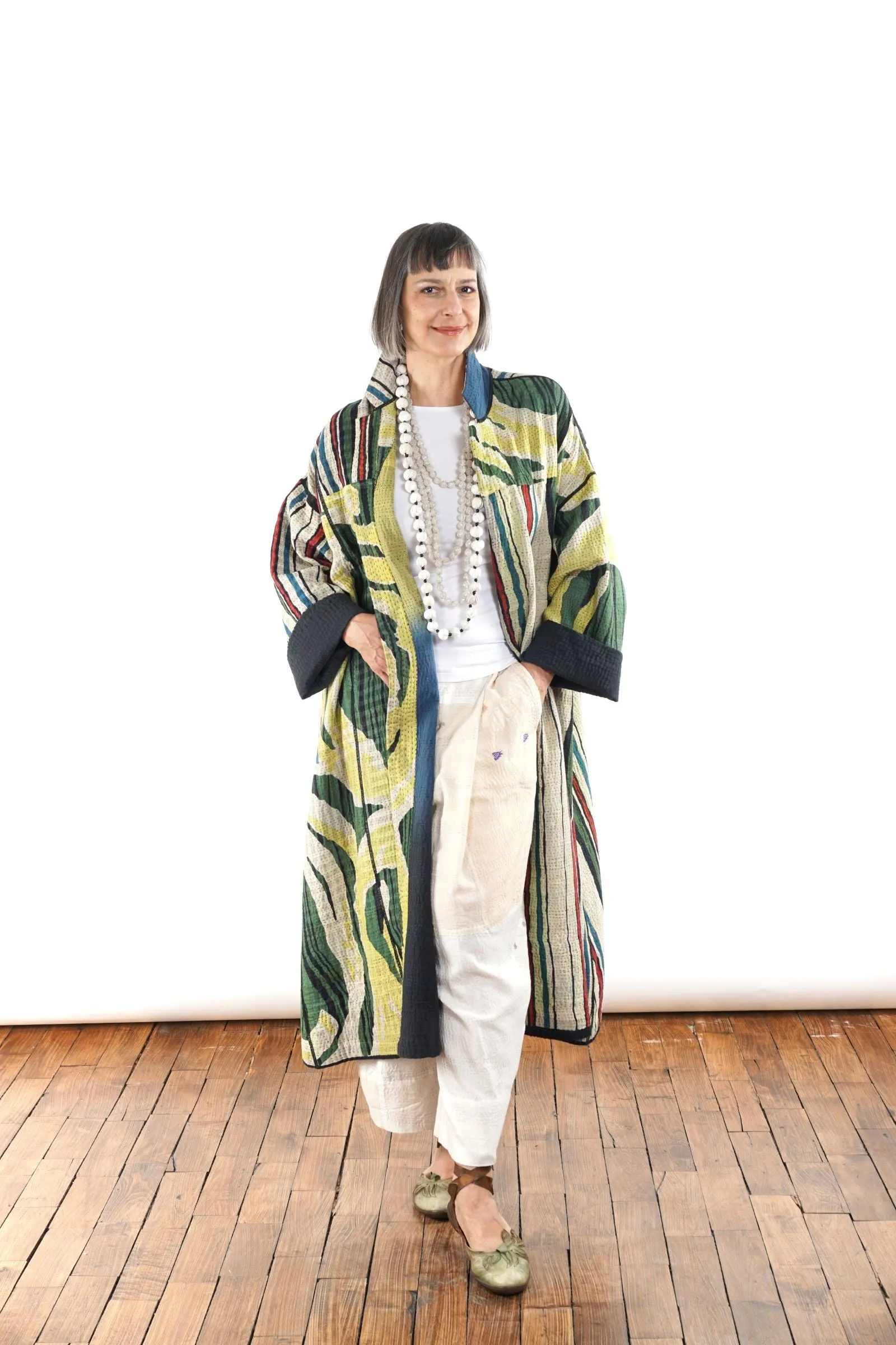 STRIPE AND BENDS KANTHA OVERSIZED COAT - sb4326-grn -