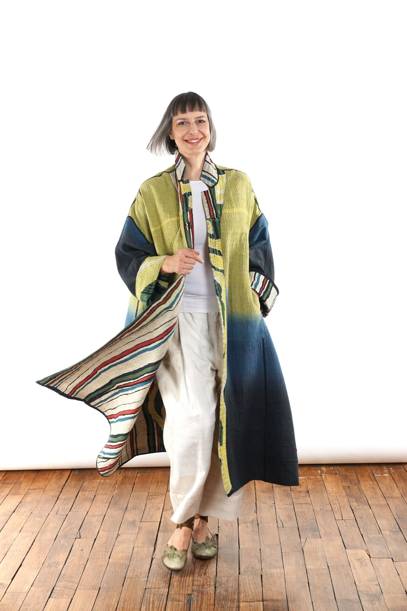 STRIPE AND BENDS KANTHA OVERSIZED COAT - sb4326-grn -