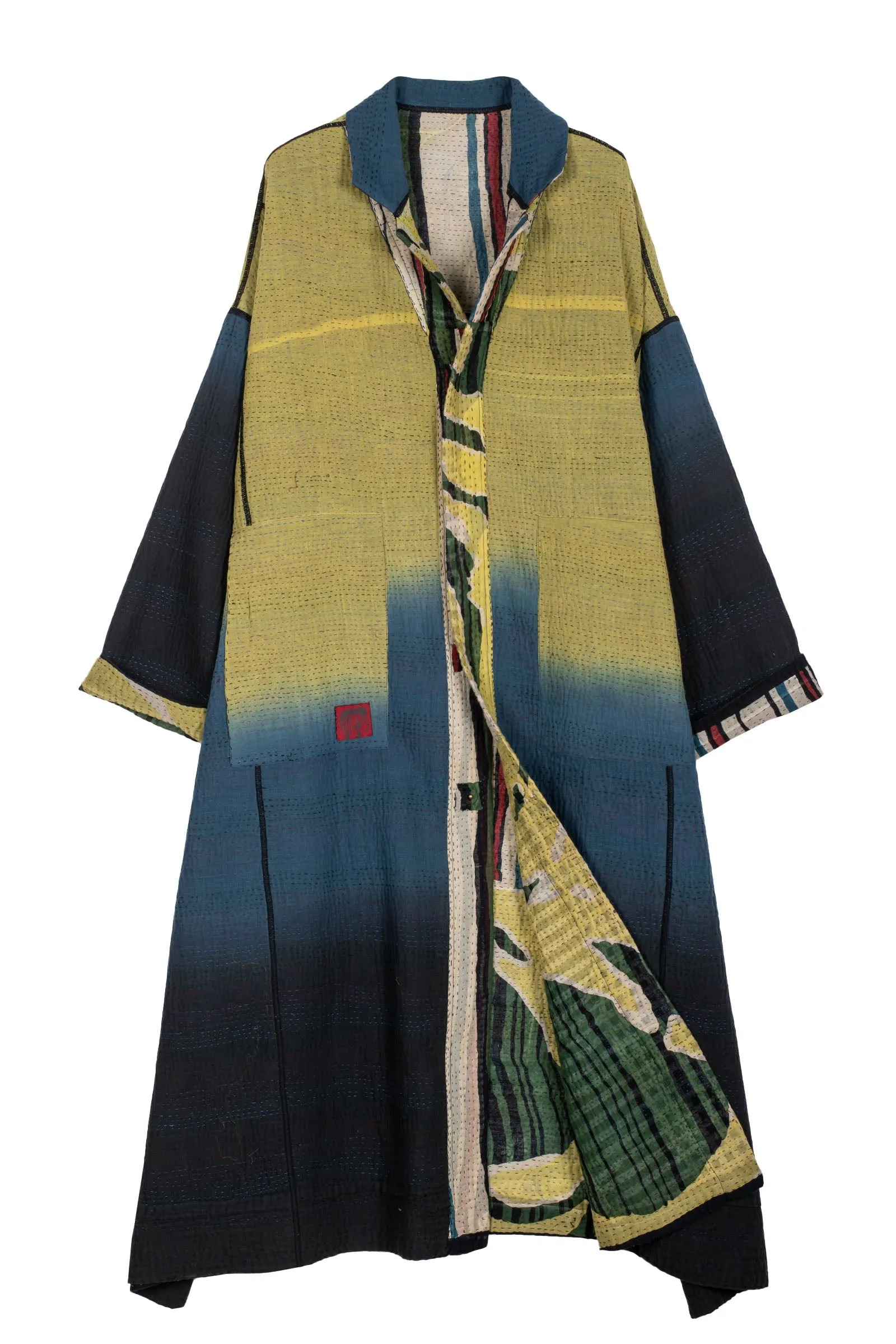 STRIPE AND BENDS KANTHA OVERSIZED COAT - sb4326-grn -