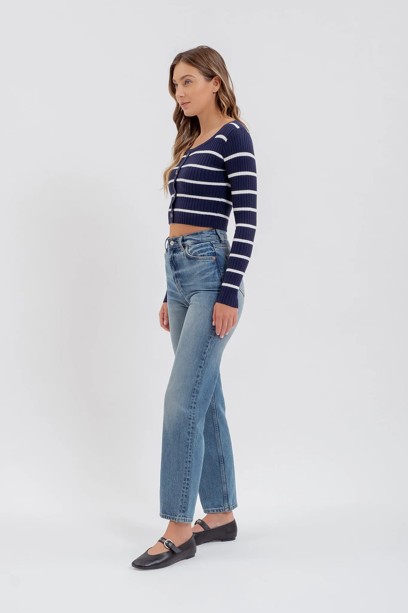 STRIPE SWEATER BUTTON DOWN KNIT CROP TOP