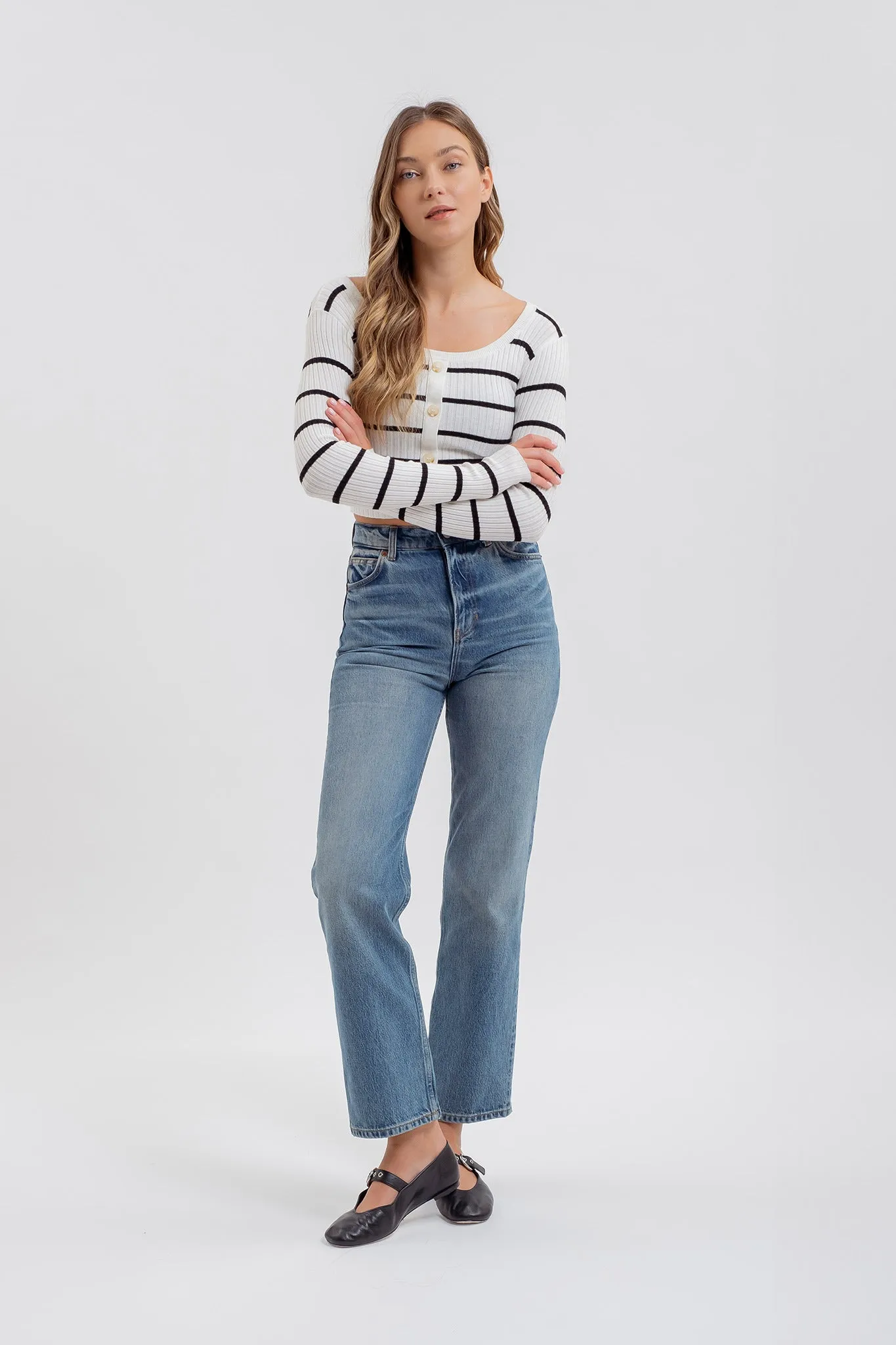 STRIPE SWEATER BUTTON DOWN KNIT CROP TOP