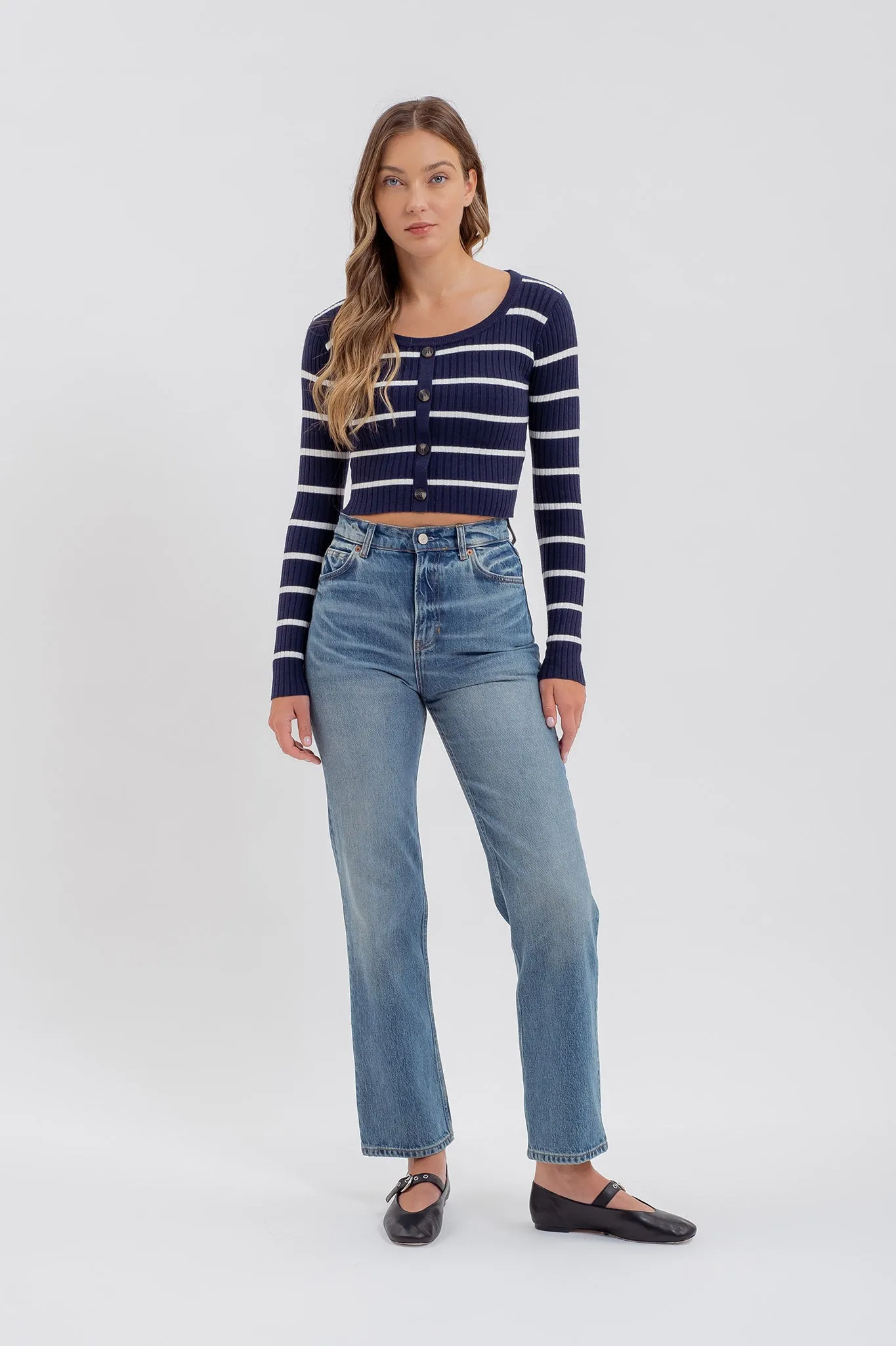 STRIPE SWEATER BUTTON DOWN KNIT CROP TOP