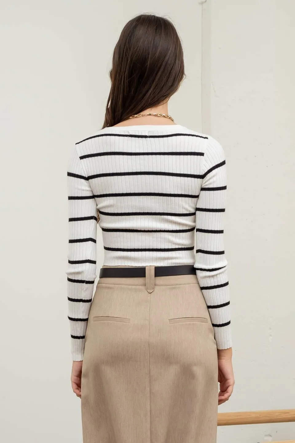 STRIPE SWEATER BUTTON DOWN KNIT CROP TOP