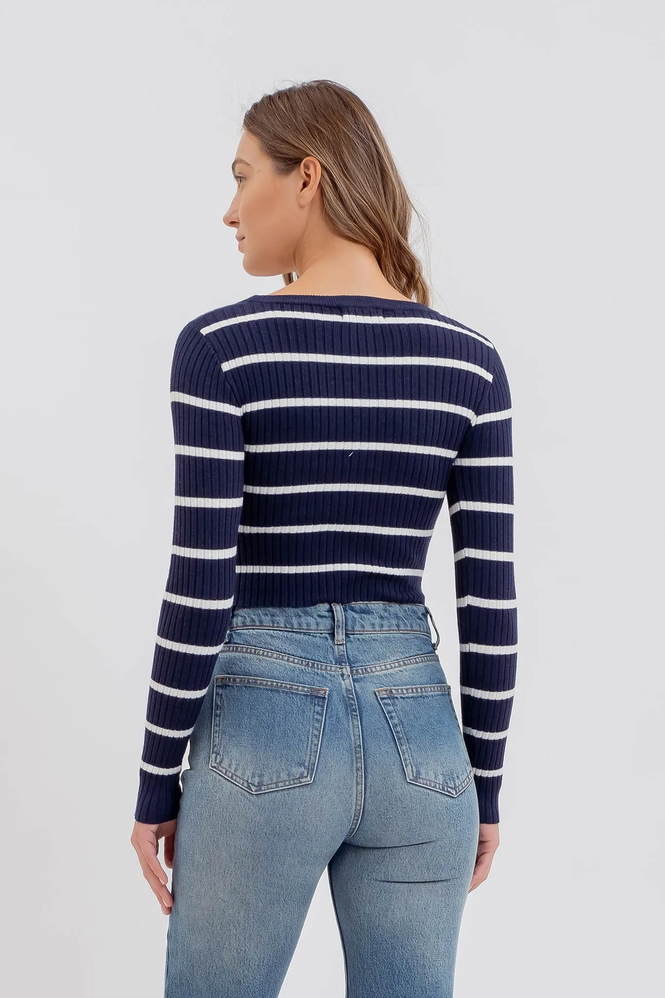 STRIPE SWEATER BUTTON DOWN KNIT CROP TOP