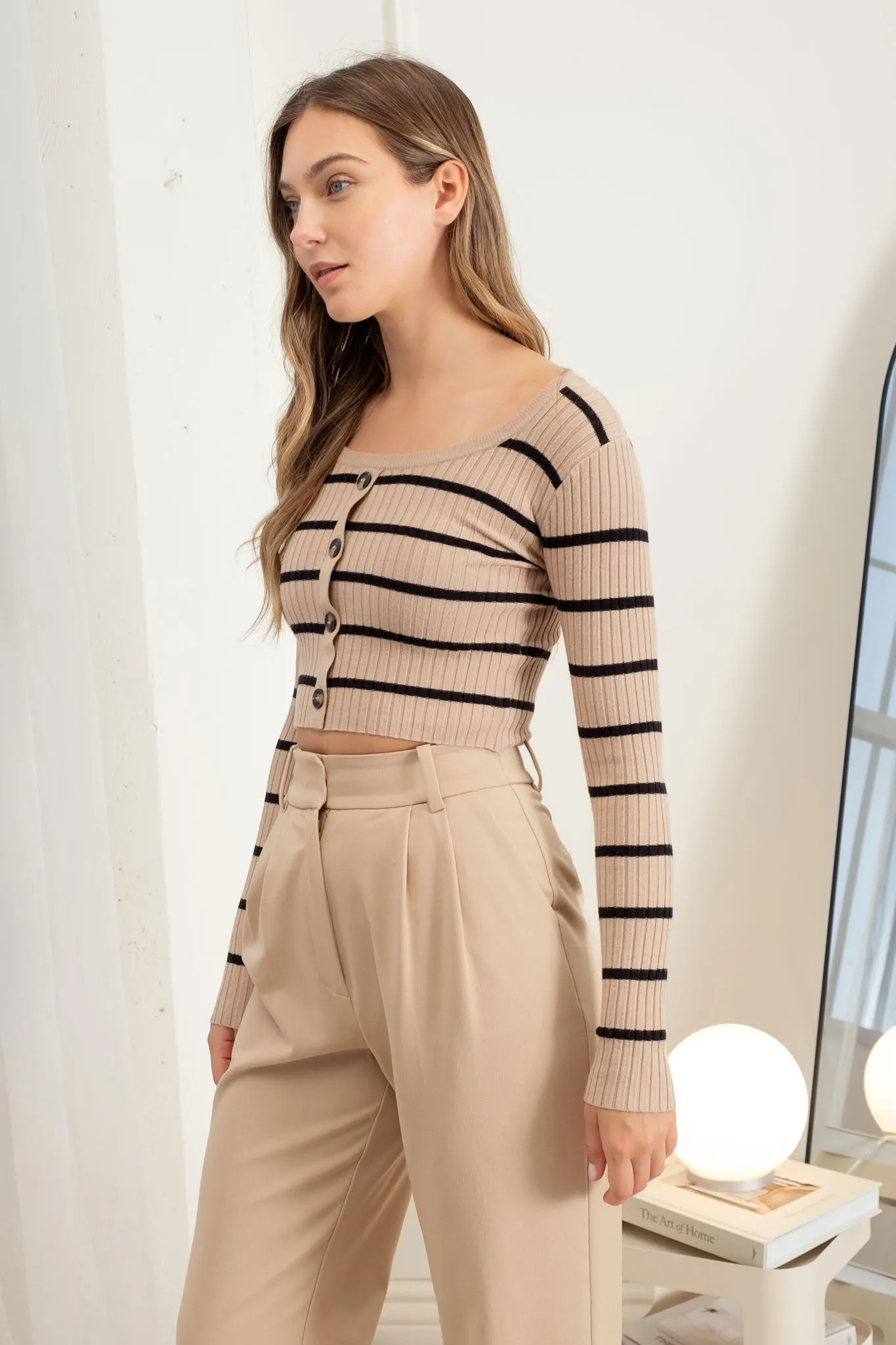 STRIPE SWEATER BUTTON DOWN KNIT CROP TOP