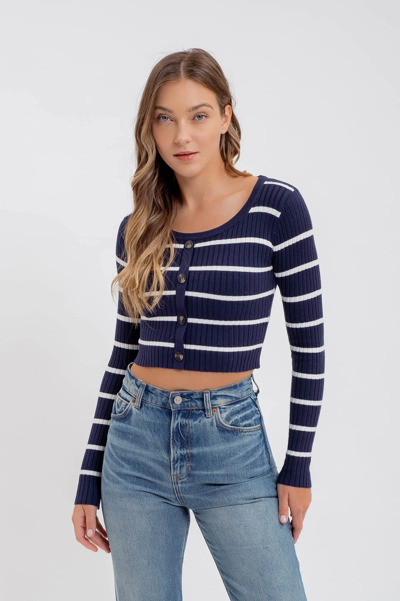 STRIPE SWEATER BUTTON DOWN KNIT CROP TOP