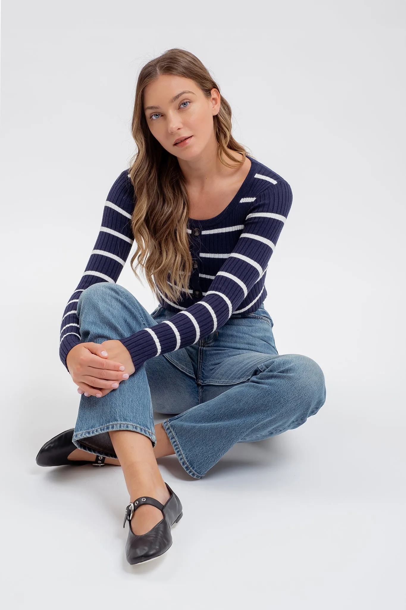 STRIPE SWEATER BUTTON DOWN KNIT CROP TOP