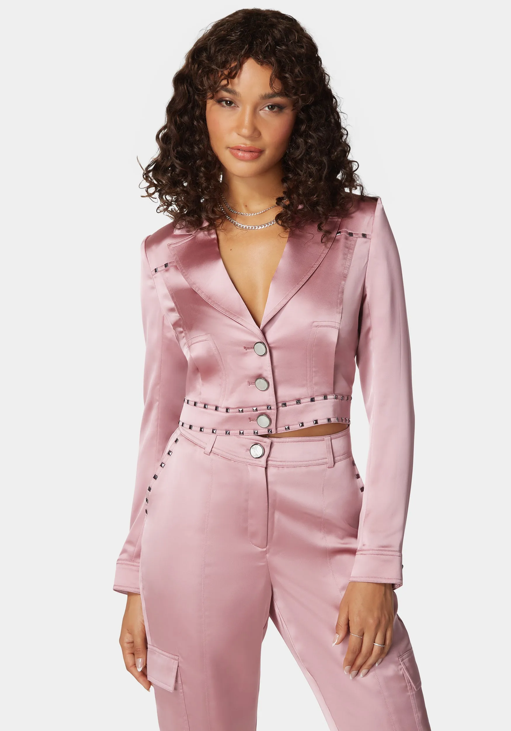 Stud Detail Tailored Satin Blazer