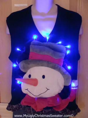 Tacky 3D Ugly Christmas Sweater Vest Mens Puffy Frosty with Lights and Fringe (A62)