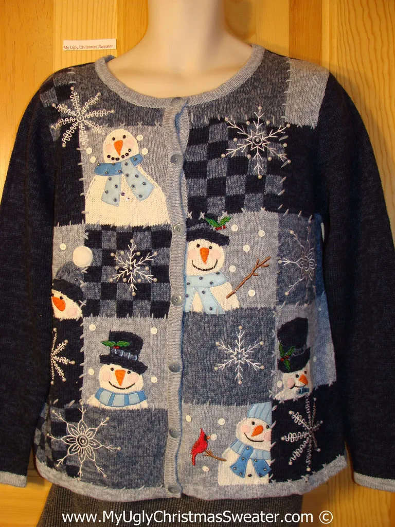 Tacky Cheesy Holiday Sweater with Crafty Checkerboard Grid with Snowman Friends and Snowflakes (f1130)