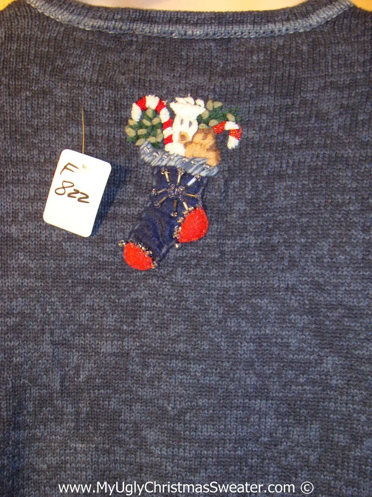 Tacky Christmas Sweater Party Ugly Sweater with Snowmen, Snowflakes, and Stockings (f822)