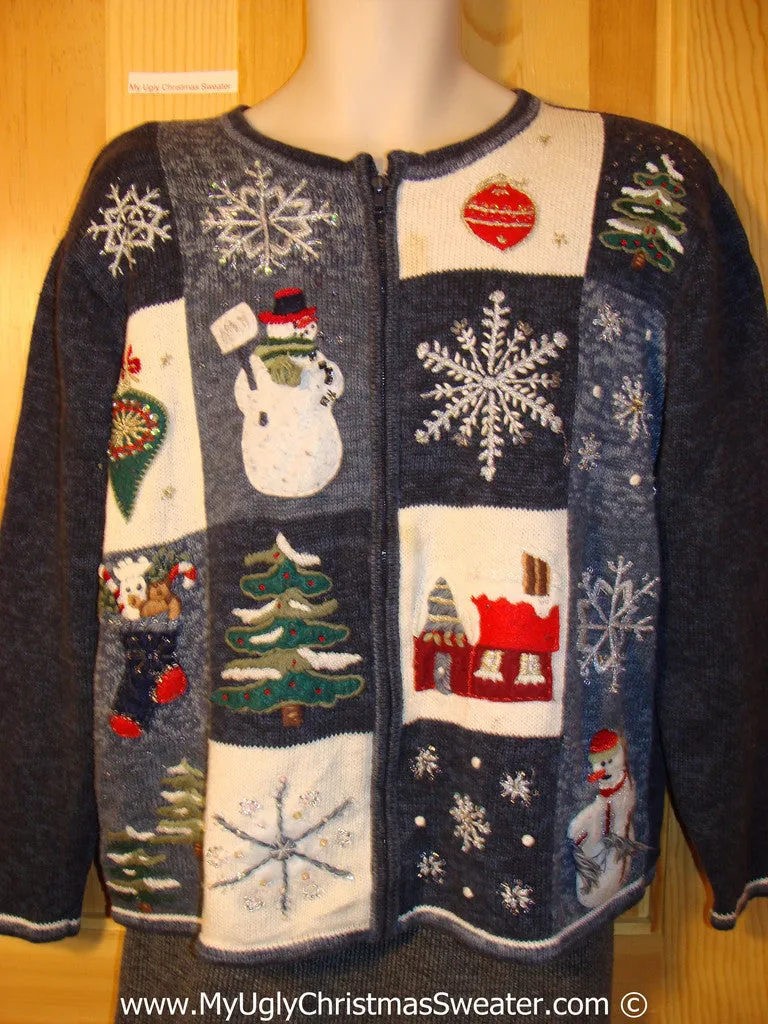 Tacky Christmas Sweater Party Ugly Sweater with Snowmen, Snowflakes, and Stockings (f822)