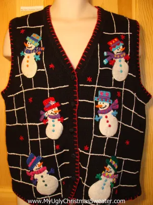 Tacky Ugly Christmas Sweater Vest with Snowmen in a Web Grid  (f222)