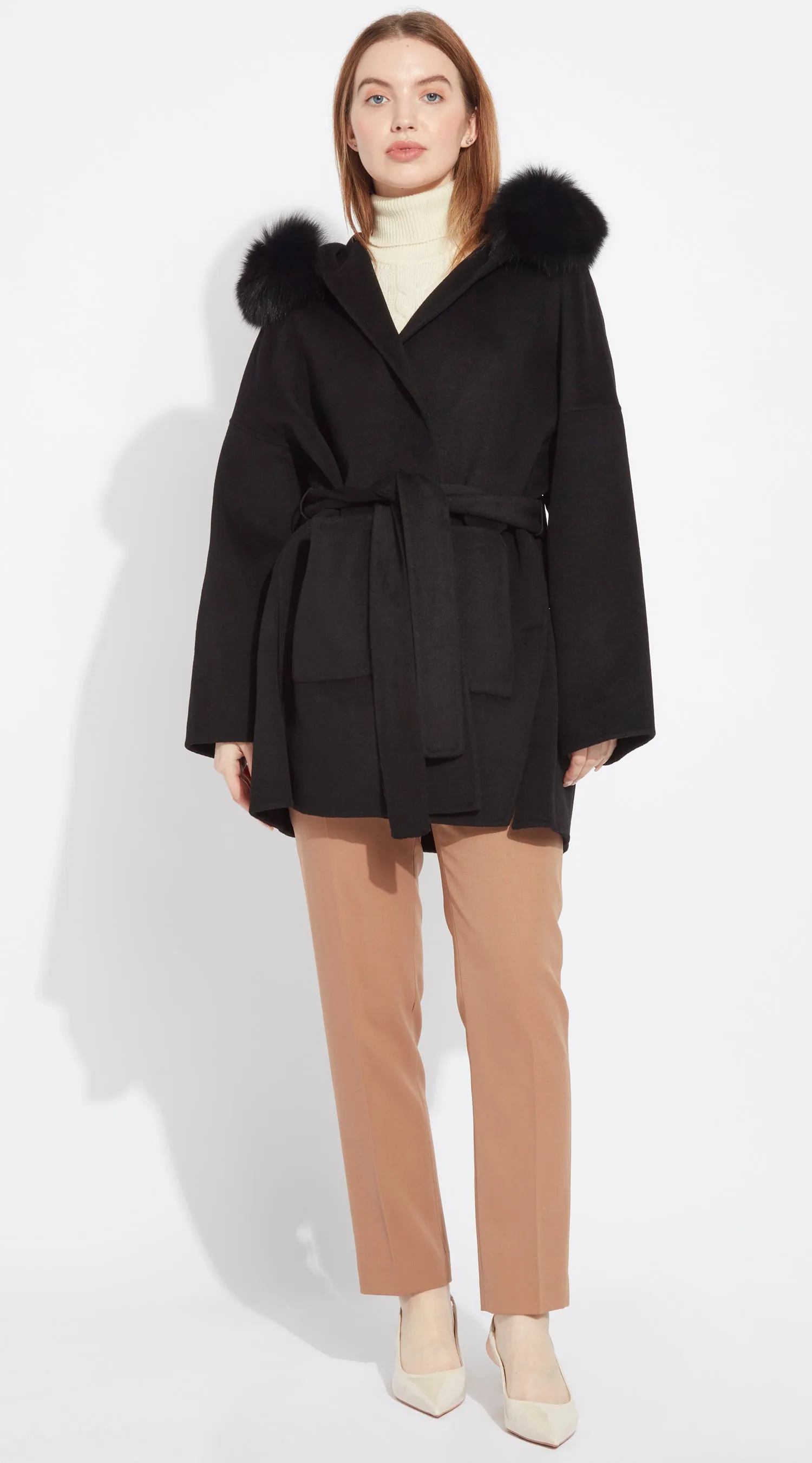 The London Cashmere & Fox Fur Belted Coat - Black