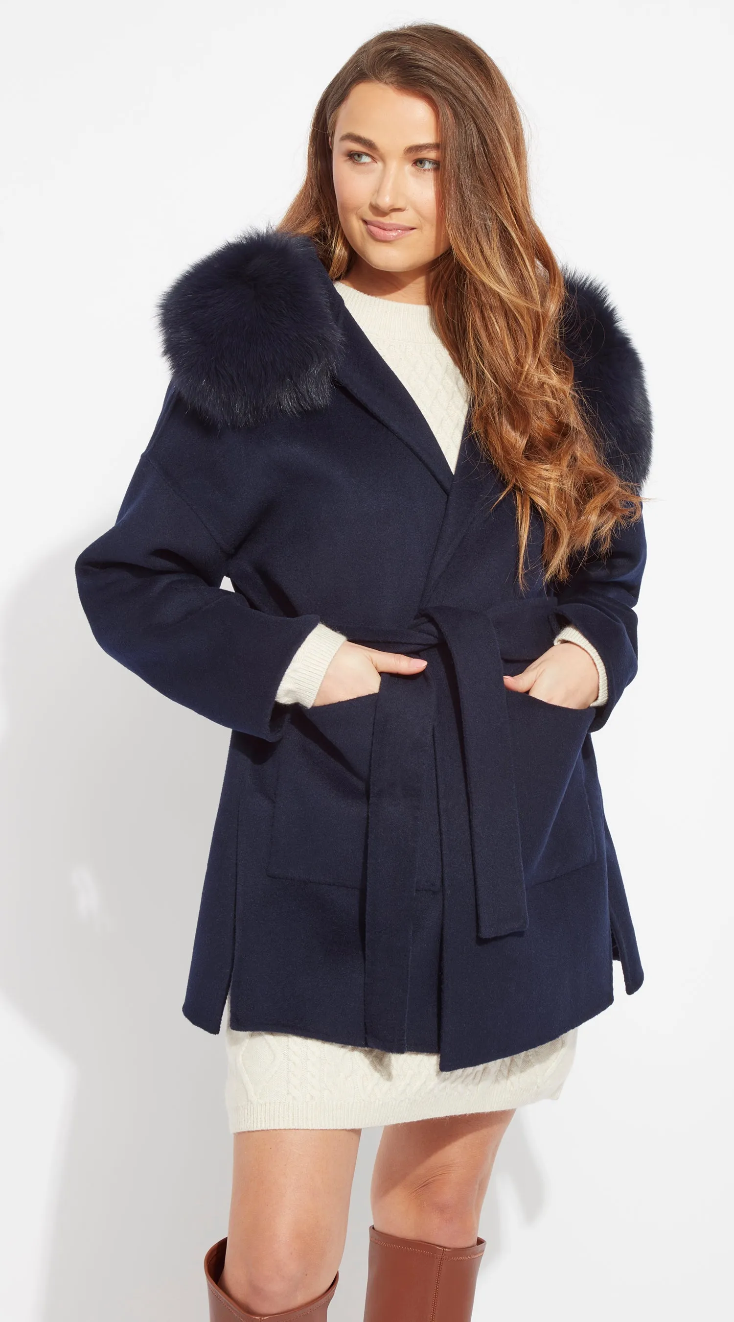 The London Cashmere & Fox Fur Belted Coat - Navy