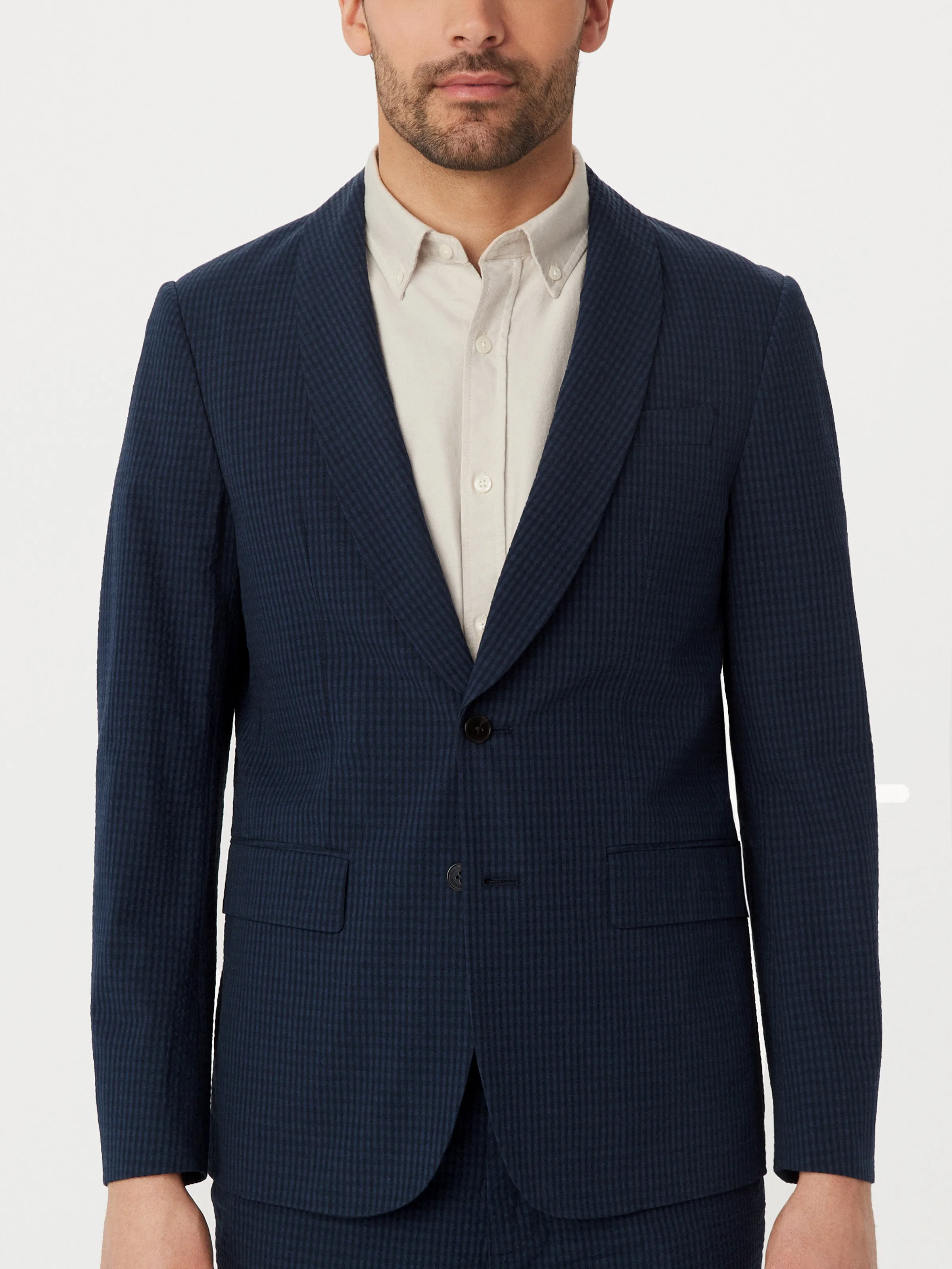 The Seersucker Shawl Collar Blazer in Deep Blue