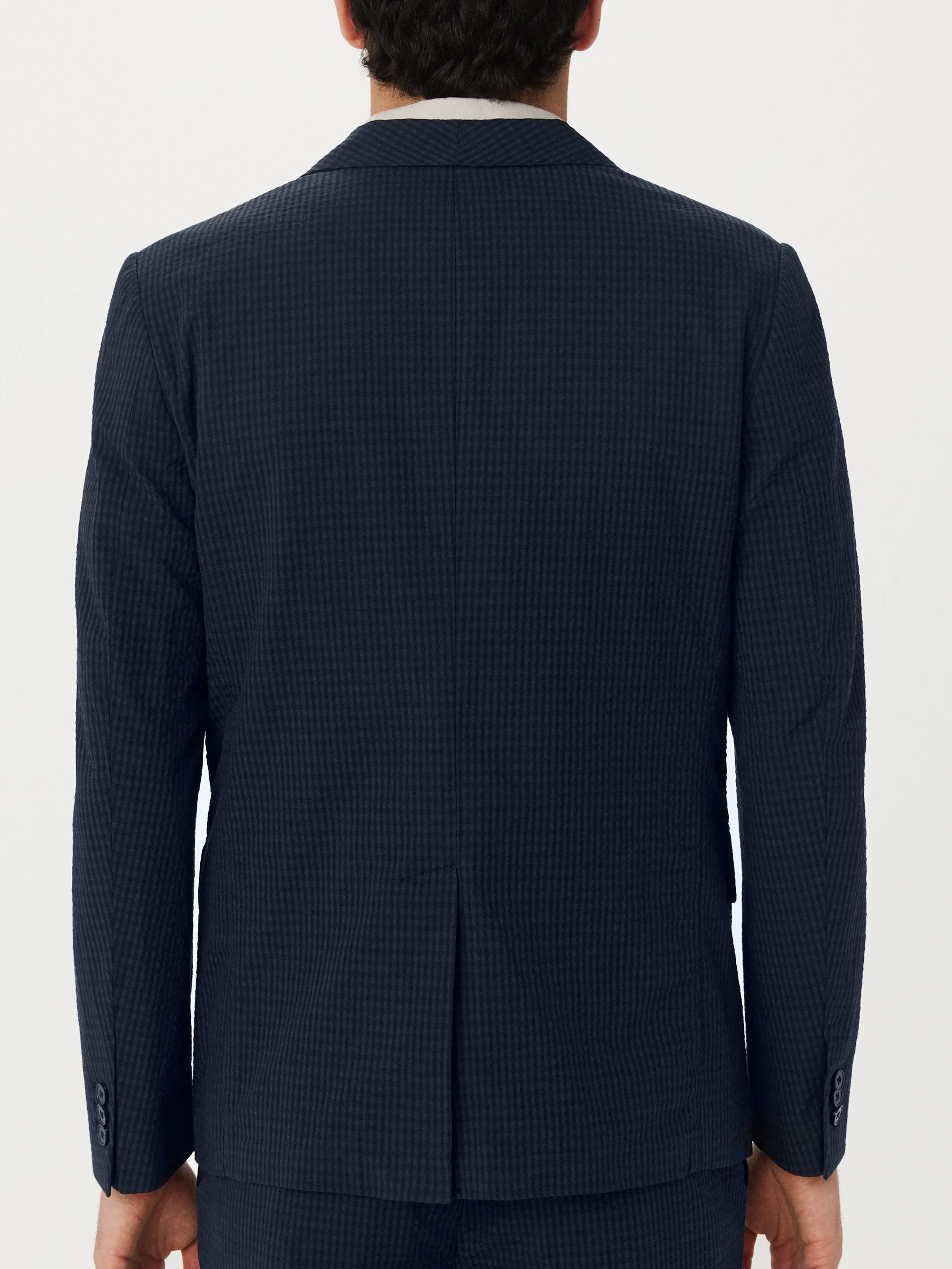 The Seersucker Shawl Collar Blazer in Deep Blue