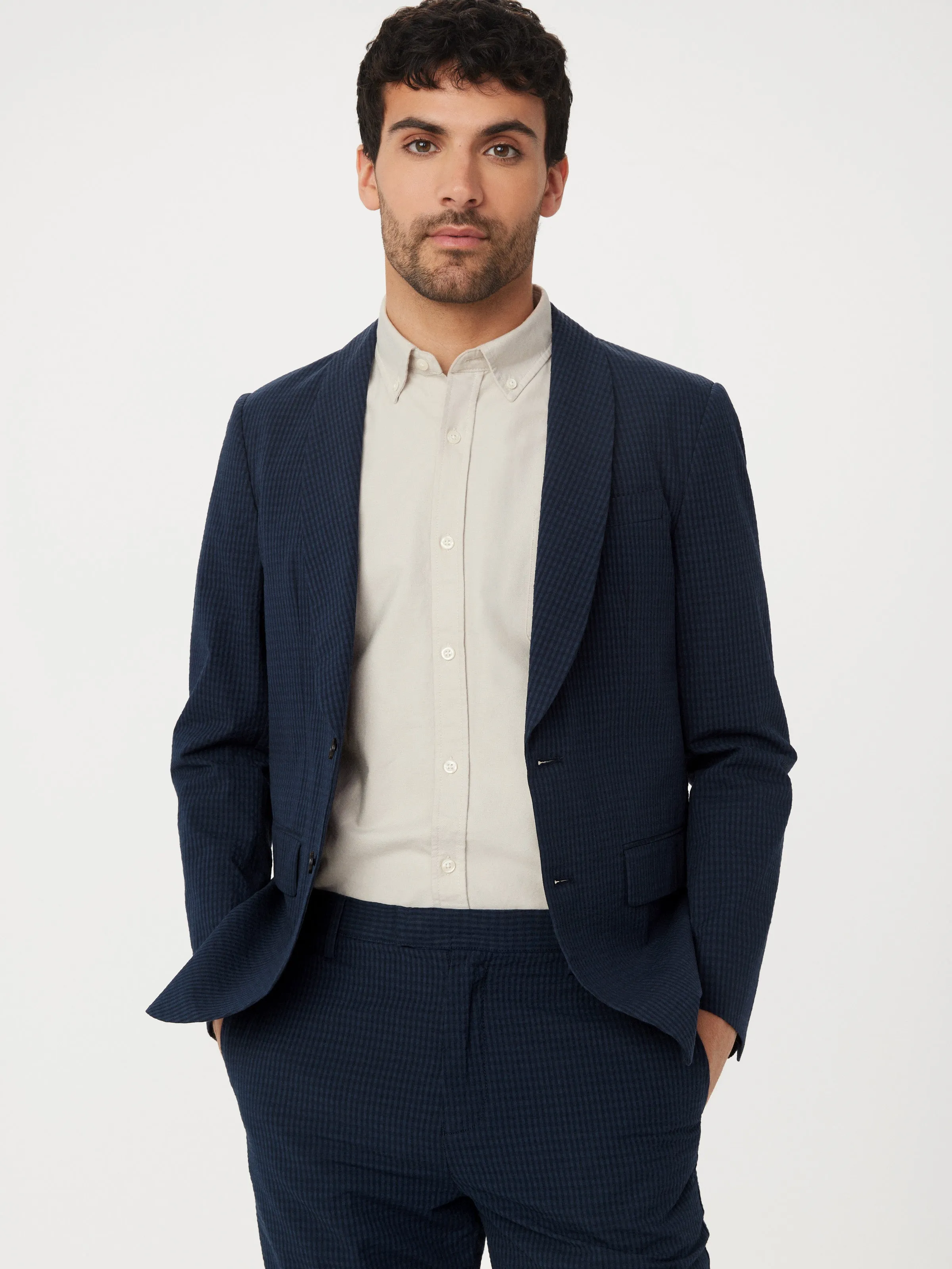 The Seersucker Shawl Collar Blazer in Deep Blue