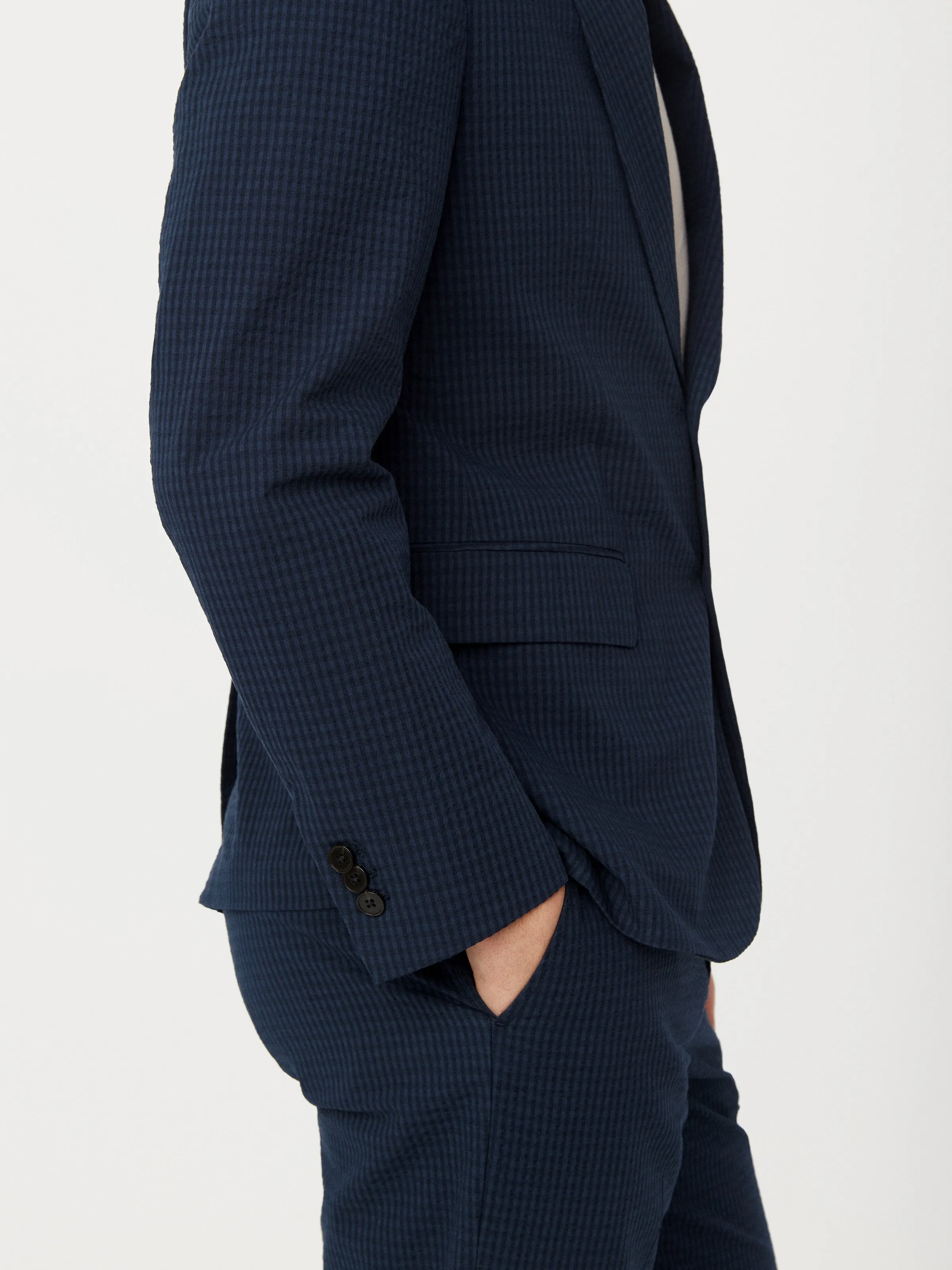 The Seersucker Shawl Collar Blazer in Deep Blue