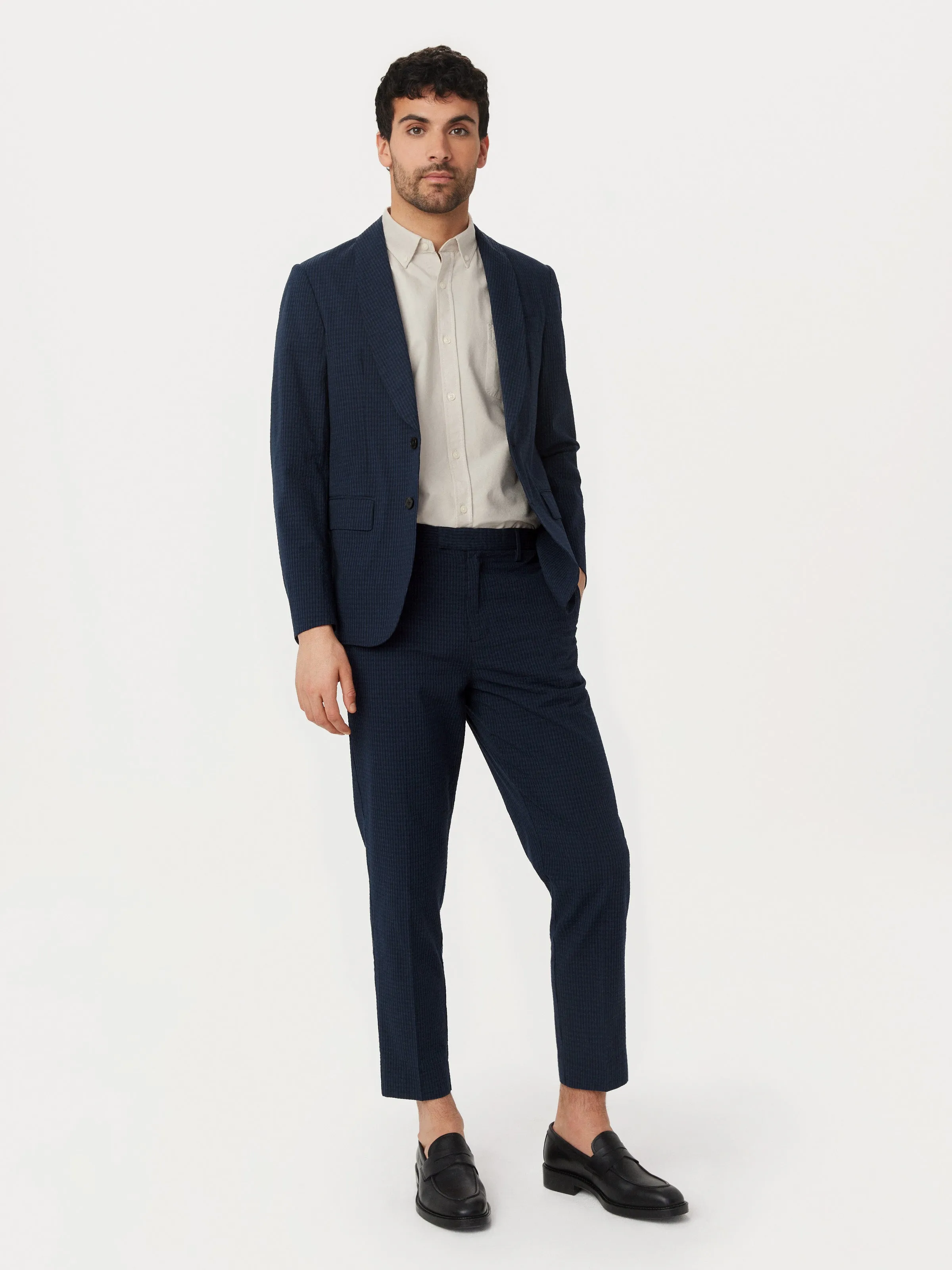 The Seersucker Shawl Collar Blazer in Deep Blue