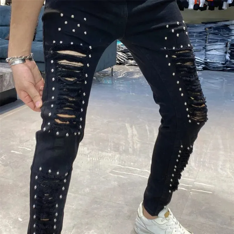 Trendy Slim Fit Ripped Jeans for Men: Hip Hop Streetwear Style