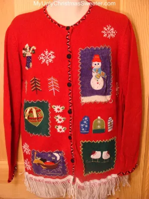 Ugly Red Christmas Sweater  with Snowman, Ornament, Sleigh, Skates