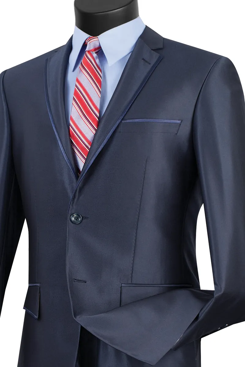 Vinci Slim Fit 2 Piece 2 Buttons Shiny Sharkskin Suit (Blue) S2RR-4