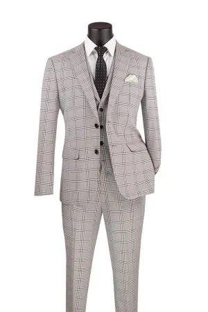 Vinci Slim Fit Suit Windowpane 3 Piece with Vest Gray SV2W-6